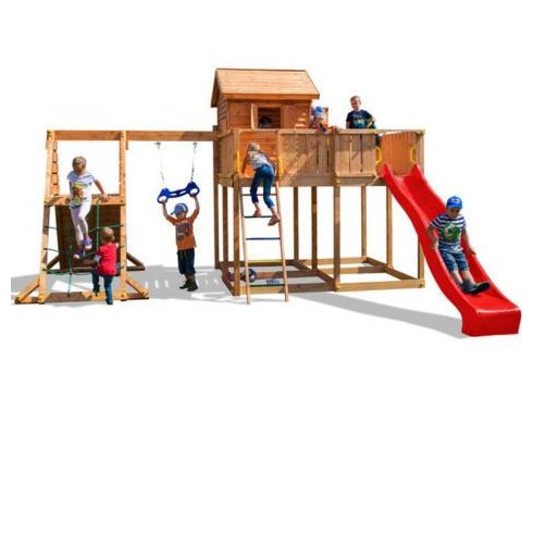 Fungoo játszótér (komplett) My Space XL Spider teak festéssel 2,9 m-es piros csúszdával